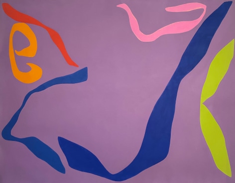 Abstract painting with purple ground and blue, green, orange and pink ribbon forms
