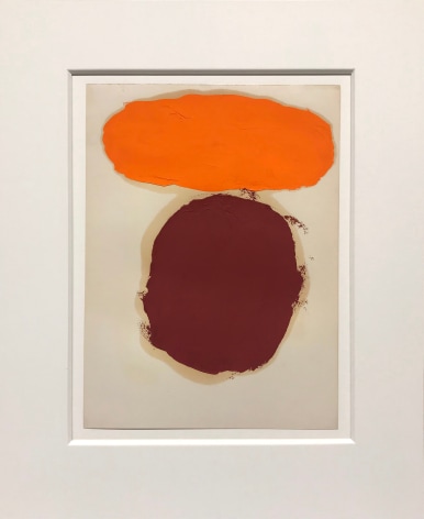 Painting on paper by Ray Parker with an orange horizontal form over a burgundy circular form