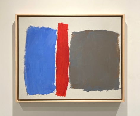 Abstract painting of three forms in blue, orange and grey on a beige ground