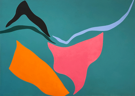 Abstract painting on teal ground with black, pink, blue, and orange ribbons of color