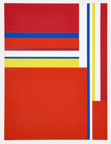 Vertical rectangle painting with red squares, yellow rectangles and blue and white lines