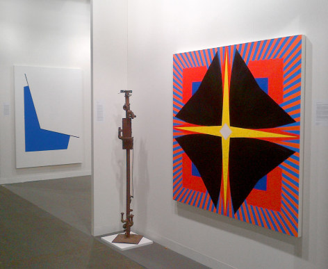(from left) Leon Polk Smith, &quot;Space with Blue,&quot; 1990, acrylic on canvas, 80 x 56 1/4 in., Richard Stankiewicz, &quot;Stick Figure,&quot; 1955, steel, 67 x 8 x 9 in., Jack Youngerman, &quot;Blackfoil,&quot; 2011, oil on Baltic birch plywood, 59 3/4 x 59 3/4 in.