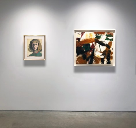 A self portrait of Elaine de Kooning - bust of woman with brown shoulder length hair in a green blouse - next to a painting by Michael Goldberg incorporating large sweeping brush stokes of black, brown, white and green paint