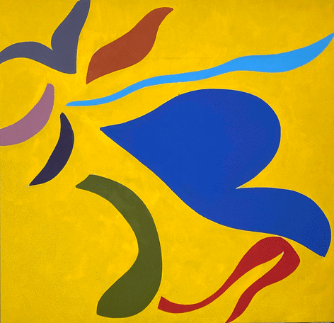 Abstract painting with yellow ground and blue biomorphic forms with red, purple, and blue ribbon forms