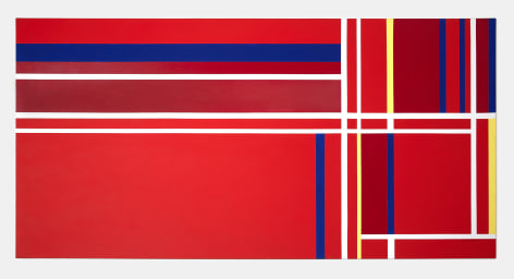 horizontal rectangular painting with red geometric abstractions and blue, yellow and white lines