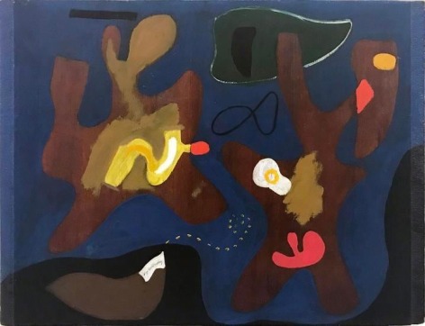 Abstract painting with blue ground and brown, yellow, ochre, red and black biomorphic forms