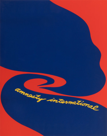 A Jack Youngerman poster for Amnesty International.  Blue abstract form on red ground with &quot;Amnesty International&quot; written in yellow script