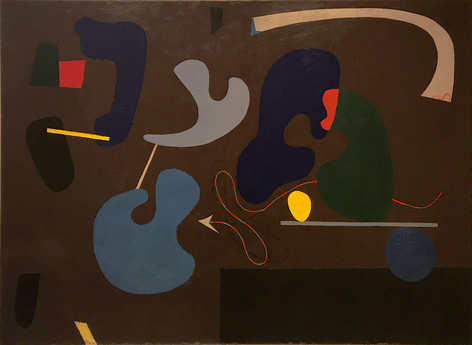 An abstract painting with a brown ground with red, grey, yellow and blue biomorphic forms