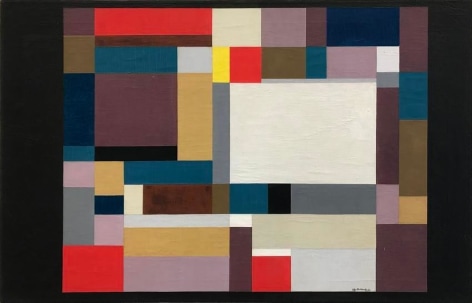 Rectangular abstract painting comprised of white, yellow, blue, pink, purple, grey and brown squares and rectangles