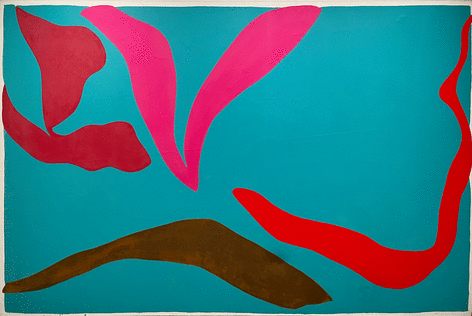 Abstract painting on teal ground red, pink red, and brown ribbons of color