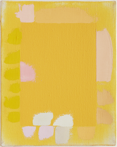 Small painting by Doug Ohlson with a yellow ground under pastel bursts of color around the edges