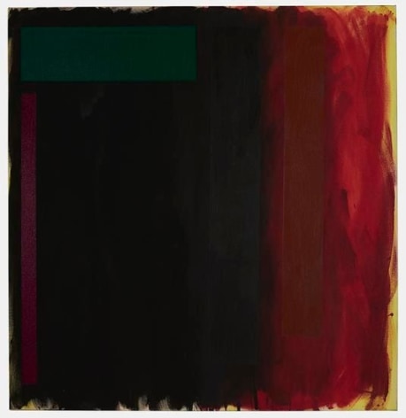 Abstract painting in reds, green, black, brown and yellow