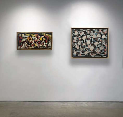 Two paintings installed on a white wall, one by Jackson Pollock depicting a deposition scene in red, white and black.  To its right is a painting by Bradley Walker Tomlin with lyrical brushstrokes and circles bouncing around the canvas in whites pinks and blues.