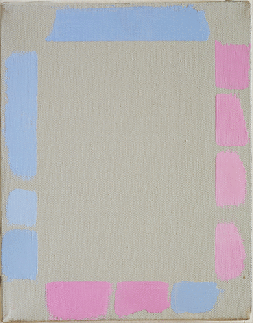 Small painting by Doug Ohlson with a grey ground under blue and pink bursts of color around the edges of the canvas