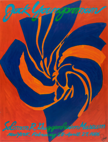 A Jack Youngerman poster for his exhibition at the Solomon R. Guggenheim Museum.  Blue and light orange abstract form on a red/orange ground.