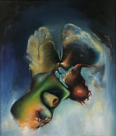 A painting by Enrico Donati. A surreal mandragora root against a hazy blue ground