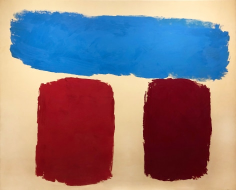Painting by Ray Parker with a blue horizontal form over two burgundy forms