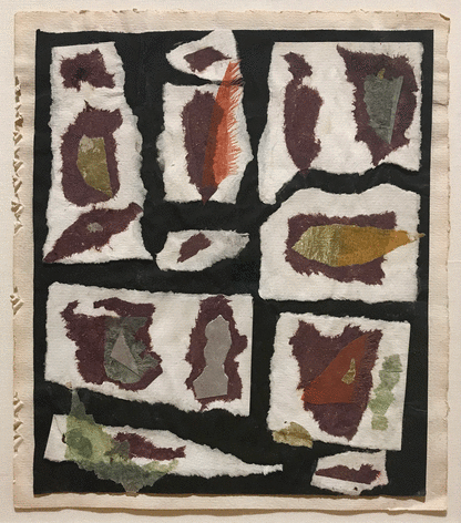 Abstract collage by Anne Ryan from circa 1948 to 1954 with torn paper with torn pieces of white silk on a black ground