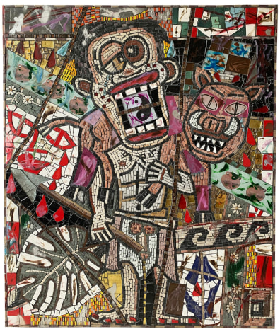 Colorful mosaic tiles and found objects form a nude figure holding a boar and a spear on a rectangular ground