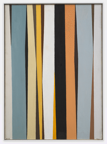 Abstract painting by Alice Trumbull Mason comprised of vertical forms in blue, grey, yellow, orange and white and black