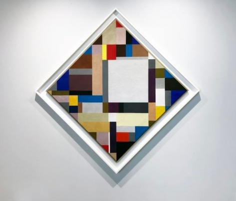 Diamond shaped canvas, red, blue, yellow white, brown, and black rectangles and squares
