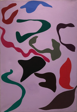 Abstract painting with violet ground and black, red, green, and blue ribbons of color
