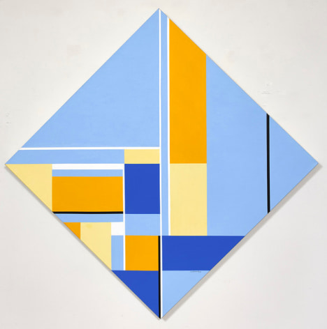 A diamond-shaped painting with yellow, orange, light blue, dark blue, and black geometric formations