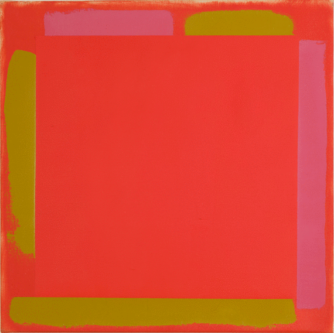 Painting by Doug Ohlson with yellow  and pink brushed lines of color along the edge of the square canvas over a red ground.