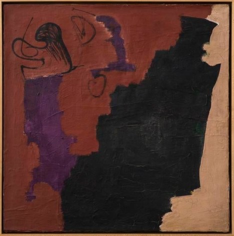 Abstract painting with purple, rust, black and cream