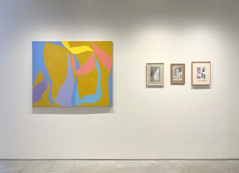 From left to right:, RAY PARKER, Untitled (#607), 1970, Oil on canvas, 44 &frac14; x 54 in.&nbsp;ANNE RYAN, Untitled (no. 506), c. 1948-54, Collage, 10 1/4 x 6 3/4 in.&nbsp;ANNE RYAN, Untitled (no. 355), 1948-54, Collage, 9 3/8 x 6 in.&nbsp; ANNE RYAN, Untitled (no. 442), c. 1948-54, Collage, 10 x 6 3/4 in.