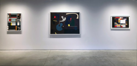 Three paintings installed on a white wall at the Washburn Gallery