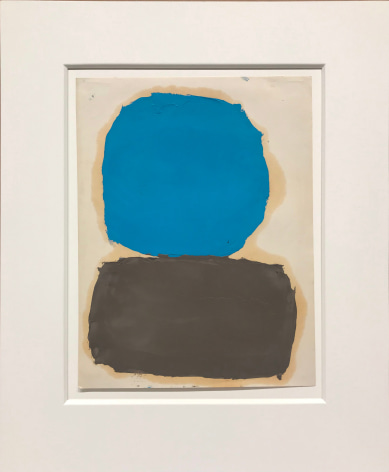 Painting on paper by Ray Parker with a blue circular form over a grey horizontal form
