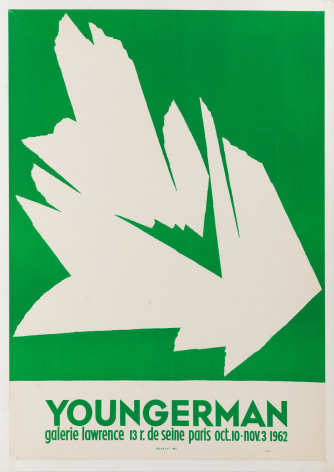 A Jack Youngerman poster for his exhibition at Galerie Lawrence in Paris.  White abstract form on green ground.