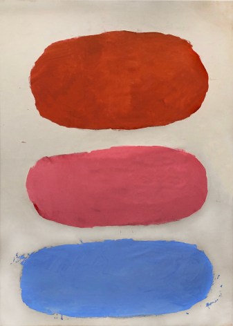 Painting by Ray Parker with red, pink and blue oval forms over an off-white ground