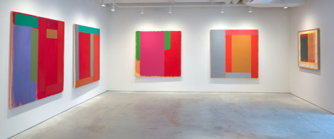 Installation view of the exhibition, &quot;Doug Ohlson: Paintings from the 1980s&quot; at the Washburn Gallery.  Five abstract paintings hanging on white walls.