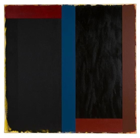 Abstract painting in reds, blue, black, brown and yellow