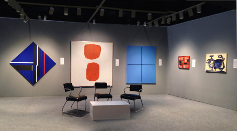 from left) Ilya Bolotowsky, &quot;Deep Blue Diamond,&quot; June 1978, acrylic on canvas, 48 x 48 in., Ray Parker, Untitled (No. 88), 1962, oil on canvas, 74 x 70 in., Leon Polk Smith, &quot;Event in Blue,&quot; 1994, oil on canvas, 66 x 54 in., Alice Trumbull Mason, &quot;#1 Towards a Paradox,&quot; 1969, oil on canvas, 19 x 22 in., David Smith, Untitled (Two Bony Figures), 1946, oil on paperboard, 23 1/4 x 30 in.