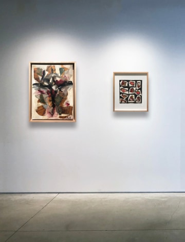 A painting by Elaine de Kooning with expressive stokes of black, red and white paint over newspaper collage elements next to a collage by Anne Ryan comprised of white and black paper with patterned fabric torn to form ten cells