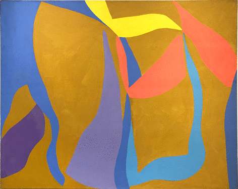 Abstract painting with brown ground with blue, violet, yellow and pink ribbons of color