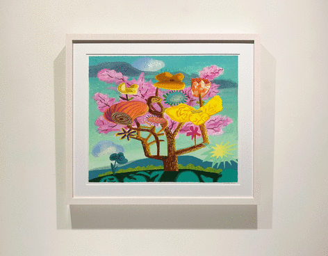 A painting/collage of a tree in the sunshine