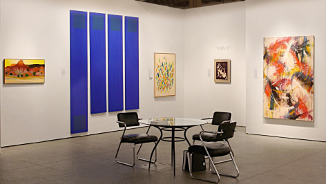 (from Left) Georgia O&#039;Keeffe, &quot;Hills and Mesa to the West,&quot; 1945, oil on canvas, 18 7/8 x 36 in., Doug Ohlson, &quot;Nord,&quot; 1968, acrylic on canvas, (four panels) 108 x 84 in., Jack Youngerman, &quot;Bois,&quot; 1953, oil on canvas, 46 x 32 in., Jackson Pollock, [Composition with Sgraffito II], c. 1944, oil on canvas, 18 1/4 x 13 7/8 in. CR110, Norman Bluhm, &quot;Circus,&quot; 1959, oil on canvas, 72 x 48 in.