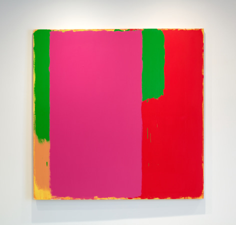 Painting by Doug Ohlson. Areas of color on square canvas - green, magenta, yellow, orange, and red