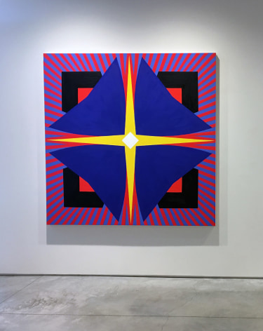 One yellow, red, and blue painting installed on wall in Washburn Gallery