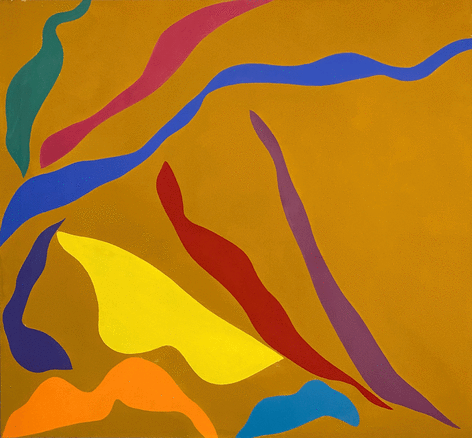 Abstract painting with brown ground and blue, green, orange, yellow, purple, green and pink ribbon forms