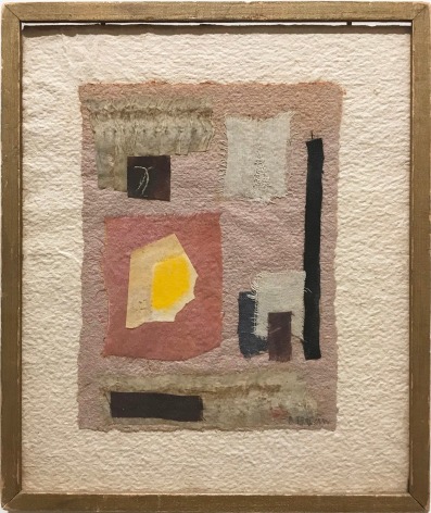Abstract collage by Anne Ryan from circa 1948 to 1954 comprised of white, burgundy, yellow, and brown cut paper