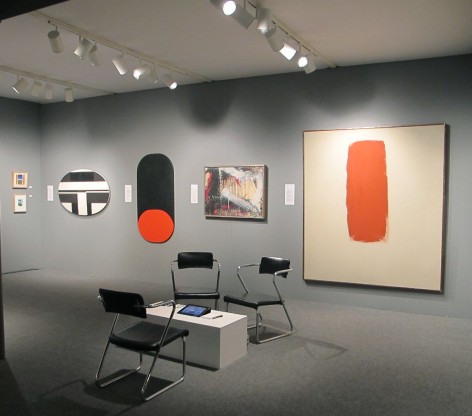 (from left) Ilya Bolotowsky, &quot;Black and White Elipse,&quot;  1963, oil on canvas, 30 x 47 in., Leon Polk Smith, &quot;Black Over Red,&quot; 1960, oil on canvas, 55 x 28 in., Norman Bluhm, &quot;Winter,&quot; 1961, oil and paper mounted on canvas, 28 x 36 in.