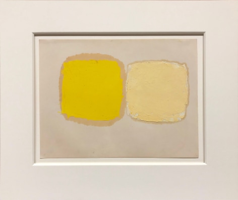 Painting on paper by Ray Parker with two yellow forms on a beige ground