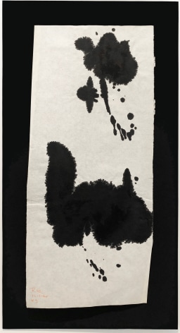 A black ink drawing in expressive and improvised strokes on white paper by Richard Stankiewicz mounted on a black matt