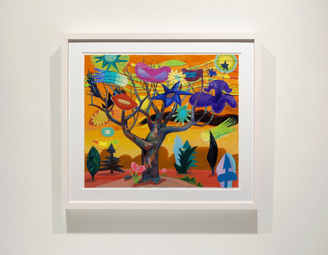 A painting/collage of a tree at sunset