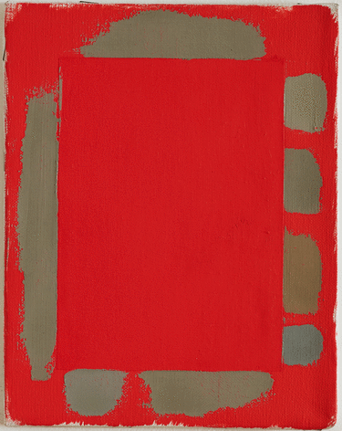 Small painting by Doug Ohlson with a red ground under grey brushes of paint around the edges